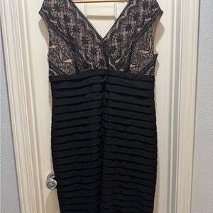 Adrianna Papell Tan and Black Pleated Tiered Sheath Dress